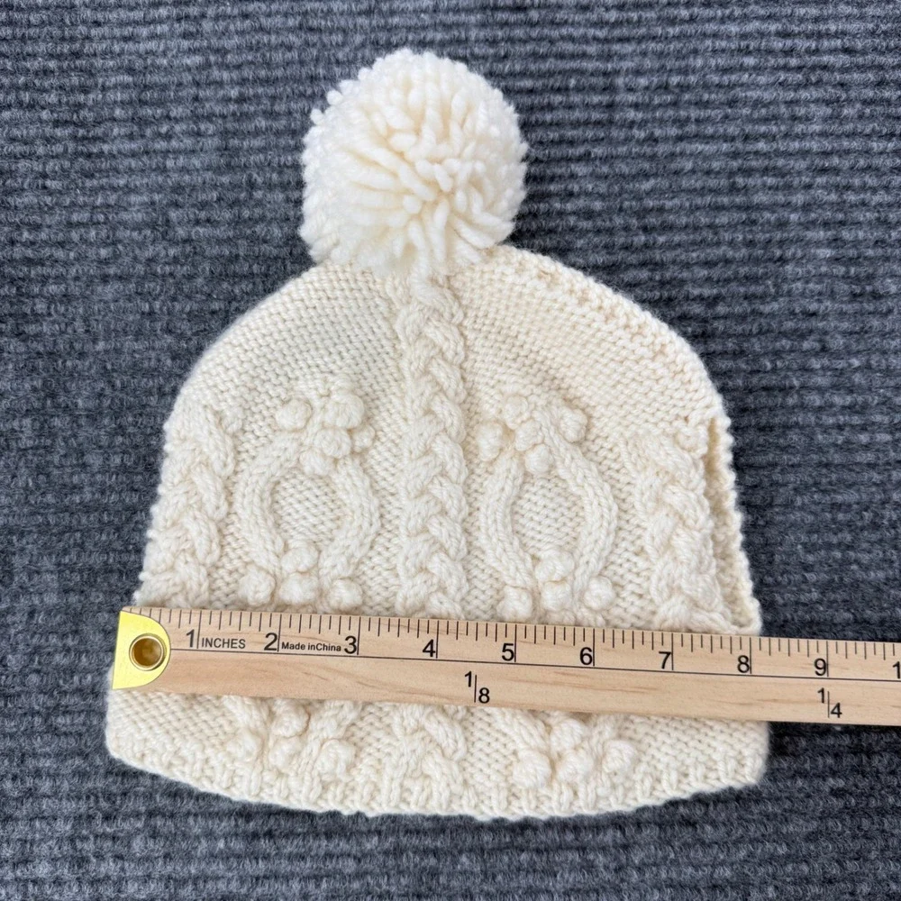 Aran Woollen Mills Handknit Tea Cosy Cream Cable Knit Pom Pom Wool